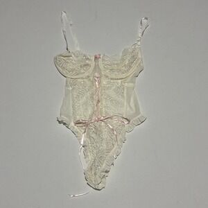 Delicates Bodysuit Womens Small Ivory Vintage Lace Pink Bows 125-2343 Coquette‎